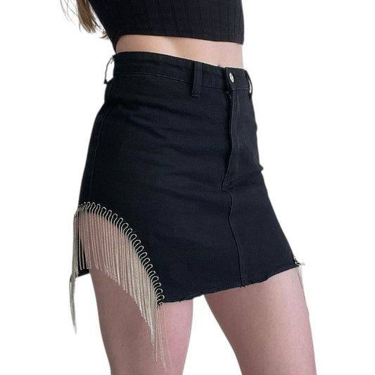 NWT Adika Black Denim Side Slit Silver Chain Fringe Mini Jean Skirt