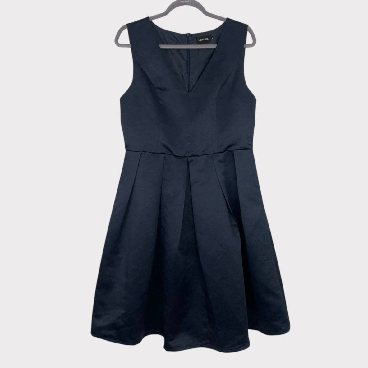 Liza Luxe Silky Navy Blue A-Line V-Neck Mini Dress