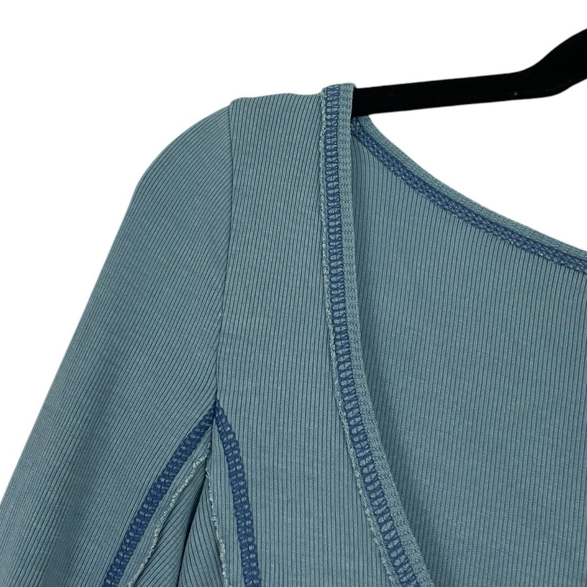 Out From Under Blue Contrast Stitch Patchwork Long Sleeve Cropped Top