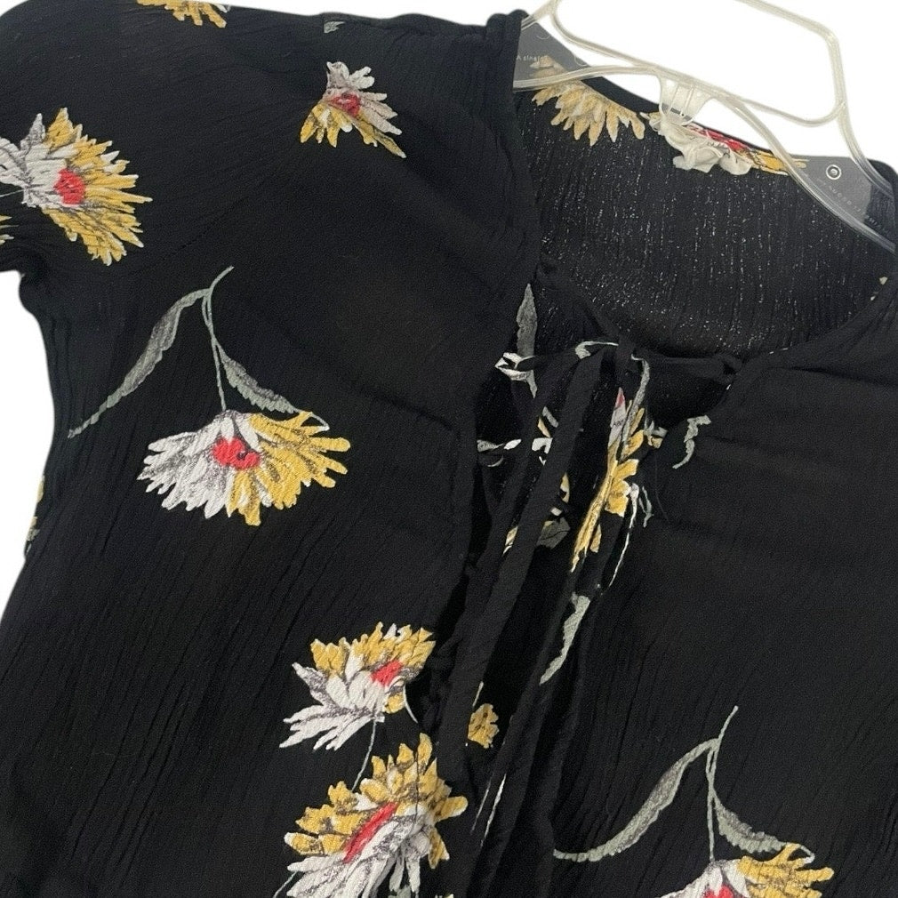 L.A. Hearts Black Floral Long Bell Sleeve Lace Up Cropped Top