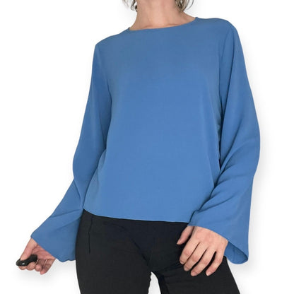 Vince Camuto Vibrant Blue Long Bell Sleeve Cinched Side Lace Up Blouse