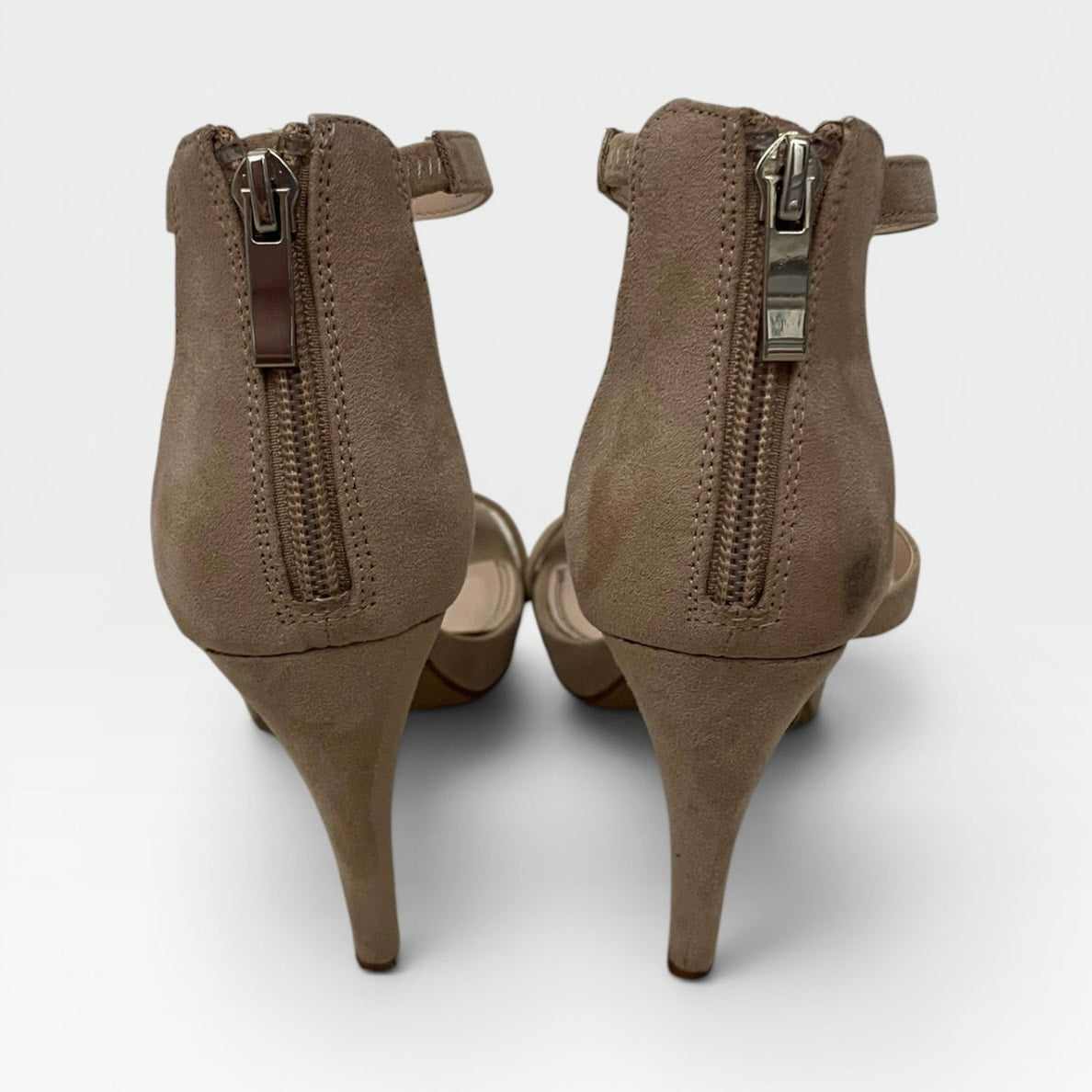 Kelly & Katie Courtnee Taupe Faux Suede Strappy Stiletto Heels