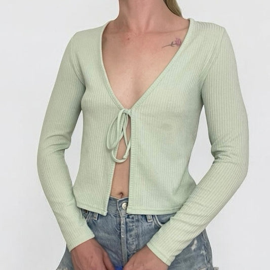 Divided Light Green Ribbed Lace Up Cardigan Top