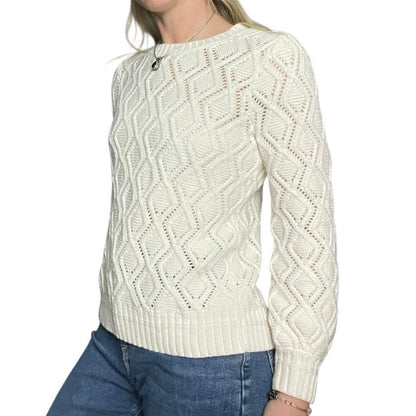LOFT White Loose Diamond Cable Knit Crewneck Sweater
