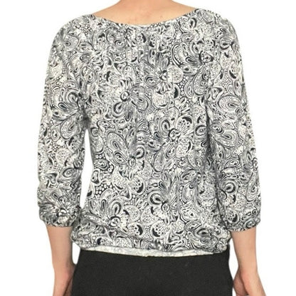 Michael by Michael Kors Black & White Paisley Quarter Sleeve Blouse