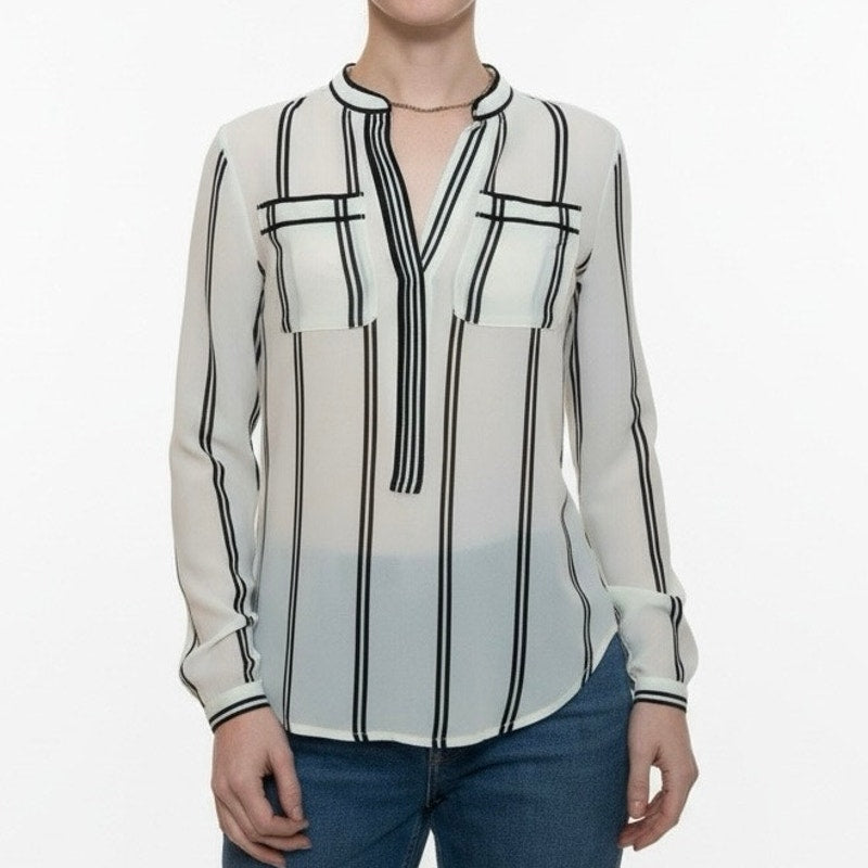 LOFT Sheer Black & White Striped Long Sleeve V-Neck Blouse