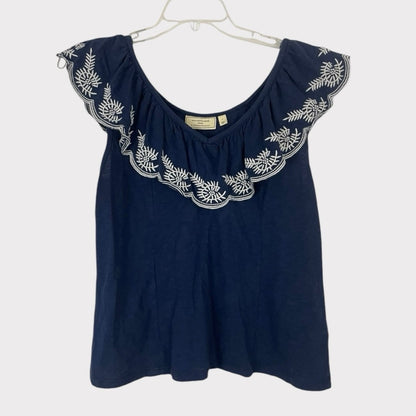 Moulinette Soeurs by Anthropologie Navy & White Boho Off the Shoulder Blouse