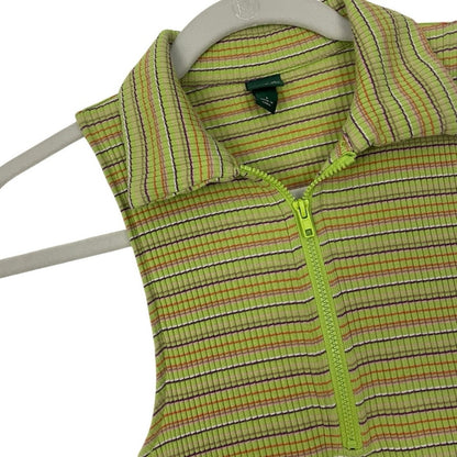 Wild Fable Lime Green Striped Ribbed Zip Collar Mini Dress