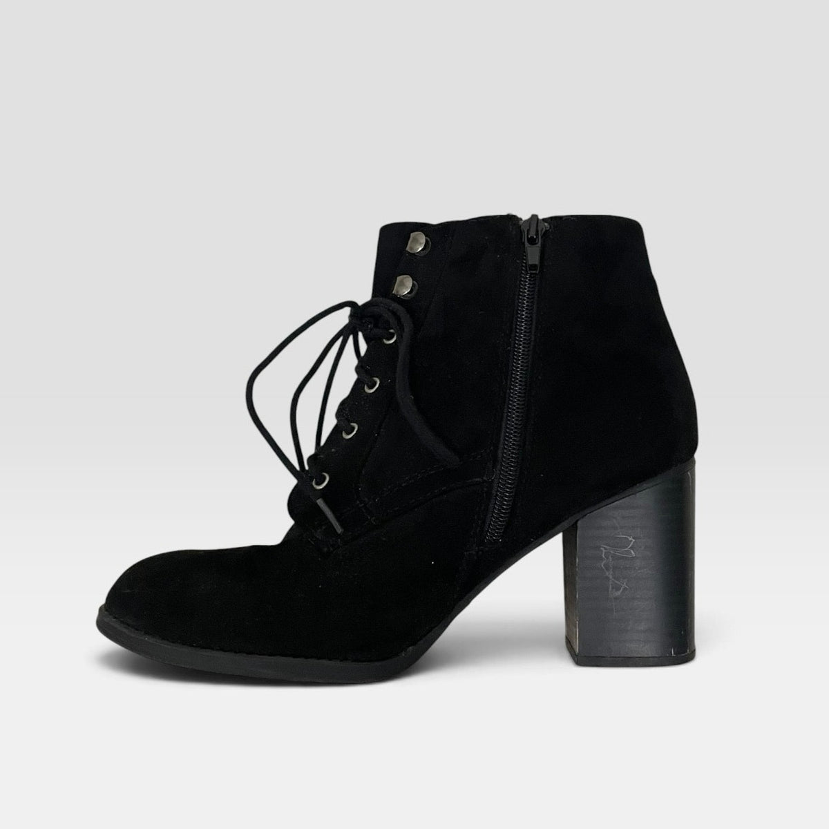 Soda Black Faux Suede Block Heel Lace Up Ankle Boots