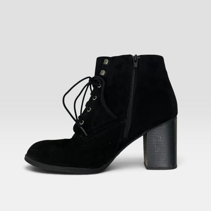 Soda Black Faux Suede Block Heel Lace Up Ankle Boots