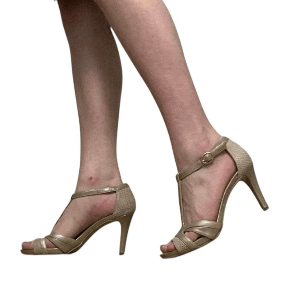 AK Anne Klein Beige Strappy Open Toe Faux Leather Stiletto Heels