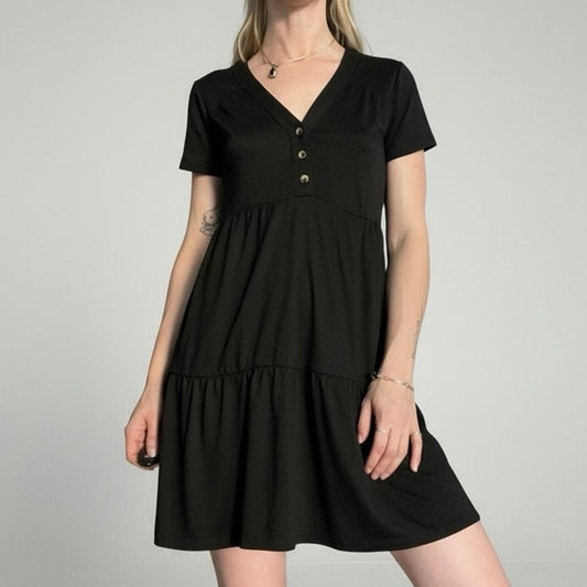 Knox Rose Black A-Line Tiered V-Neck Short Sleeve Mini Dress