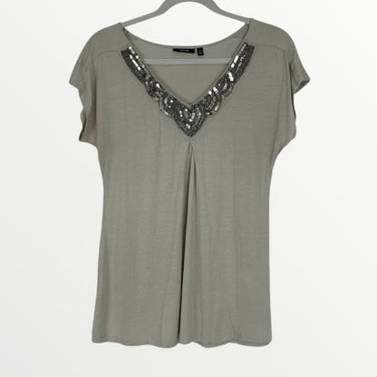 Apt. 9 Tan Sequin Beaded Embroidered V-Neck Short Sleeve Blouse