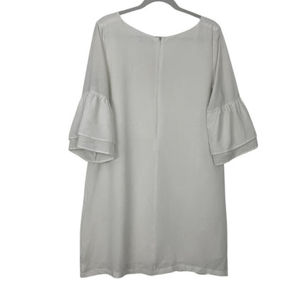 Belongsci Vintage Sheer White Bell Sleeve V-Neck Mini Dress