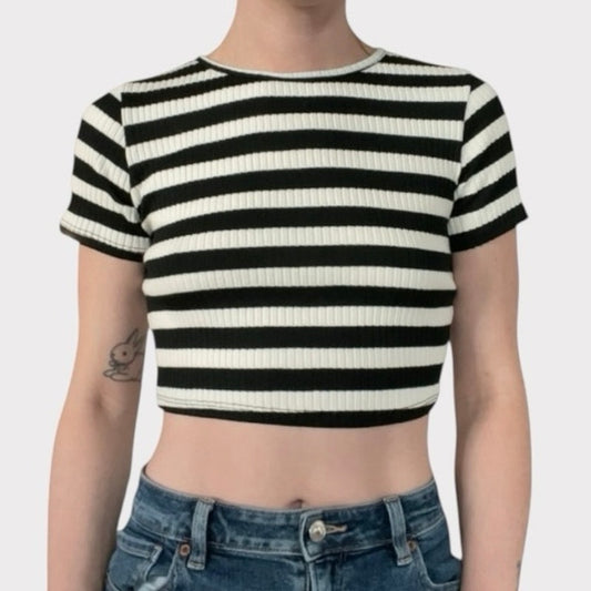 Love Culture Black & White Striped Ribbed Cropped Top