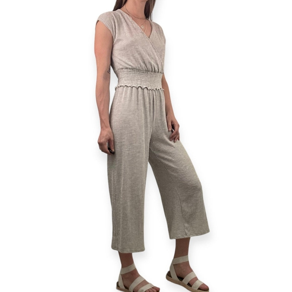 Soft Grey and White Pin Striped V-Neck Jumpsuit