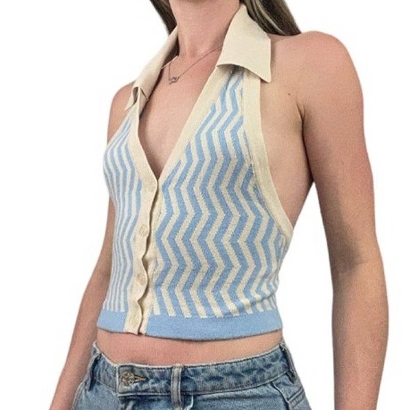 Vintage Blue and Cream Striped Collared Halter Neck Open Back Top