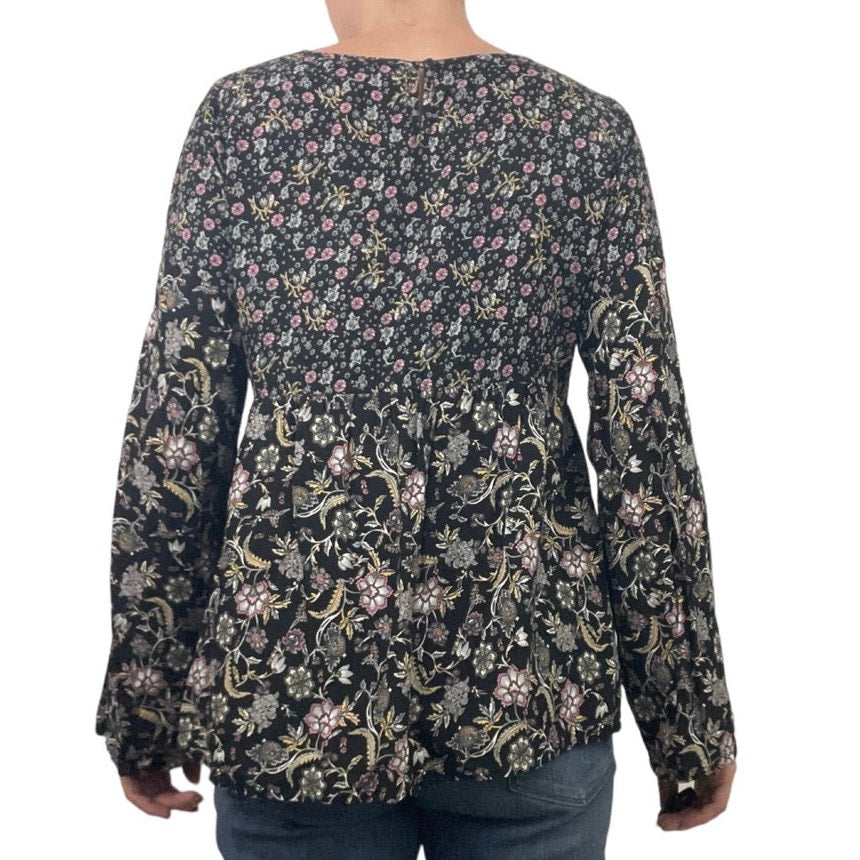 Lascana for Venus Black Floral Long Sleeve Billowy Blouse