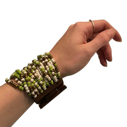 Vintage Green & White Beaded Brown Wooden Clasp Chunky Layered Bracelet