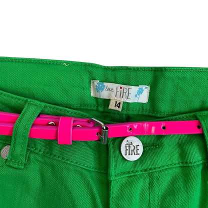 NWT Love, Fire Girls Jolly Rancher Green & Pink Belt Denim Cuffed Midi Shorts