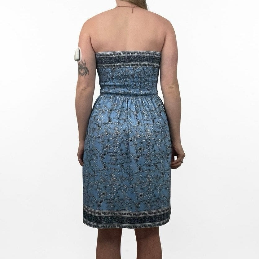 Blue Floral Boho Strapless Mini Dress