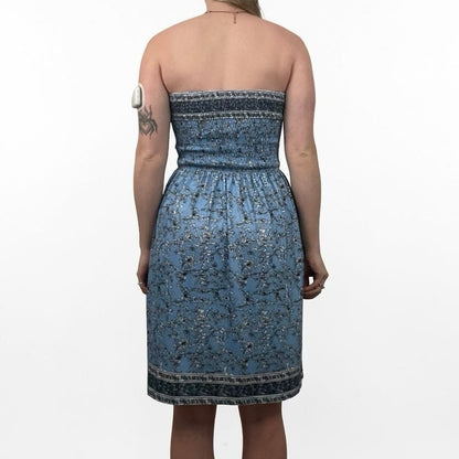 Blue Floral Boho Strapless Mini Dress