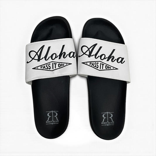Robin Ruth Aloha Pass It On Black & White Slip-On Slides Sandals