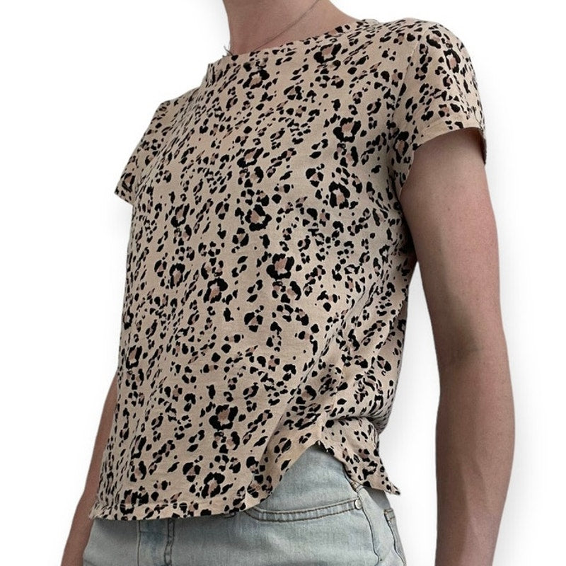 H&M Basics Beige Cheetah Print Short Sleeve Top