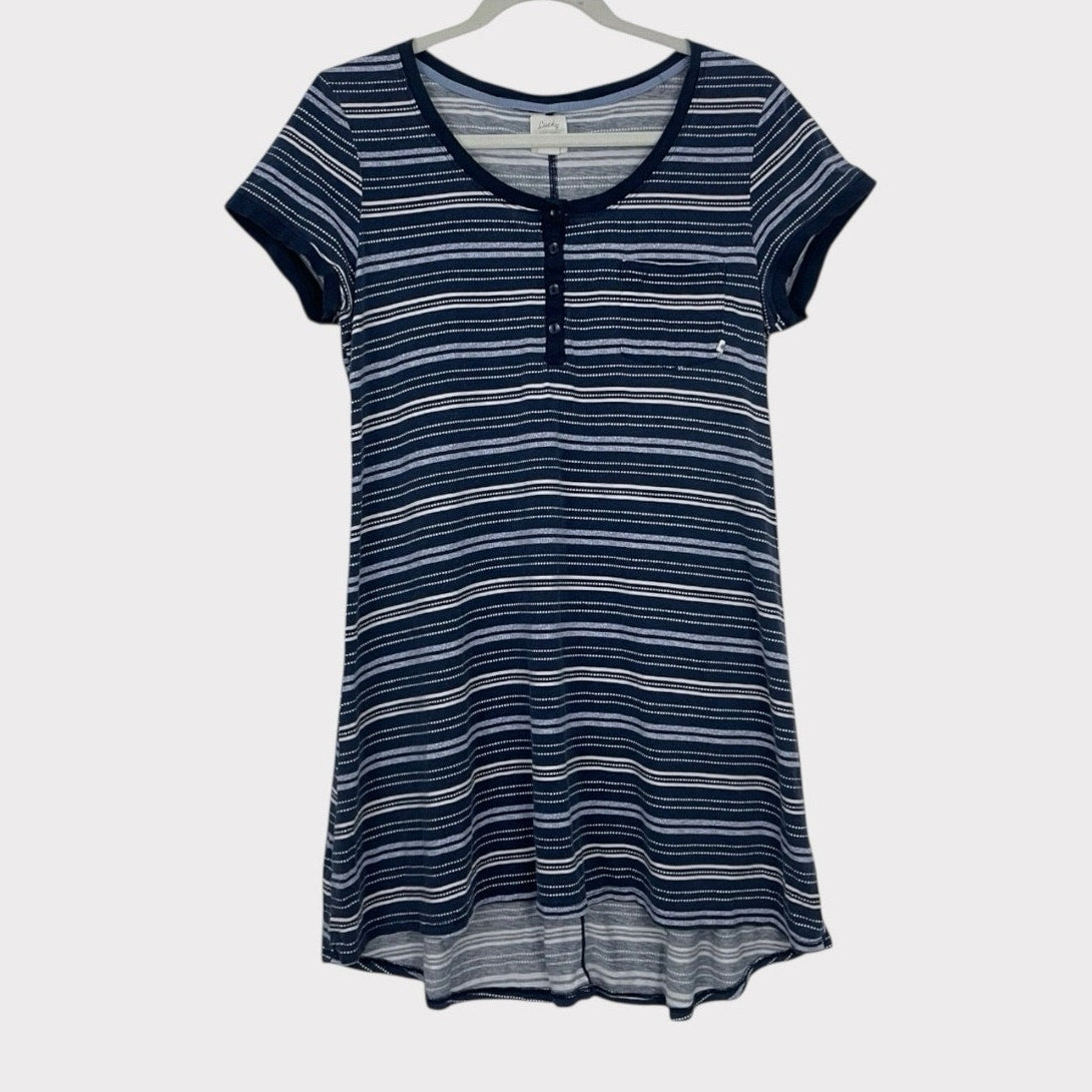 Lucky Brand Navy Blue & White Boho Striped Long Crewneck Top