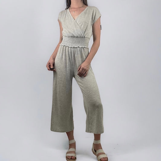 Soft Grey and White Pin Striped V-Neck Jumpsuit