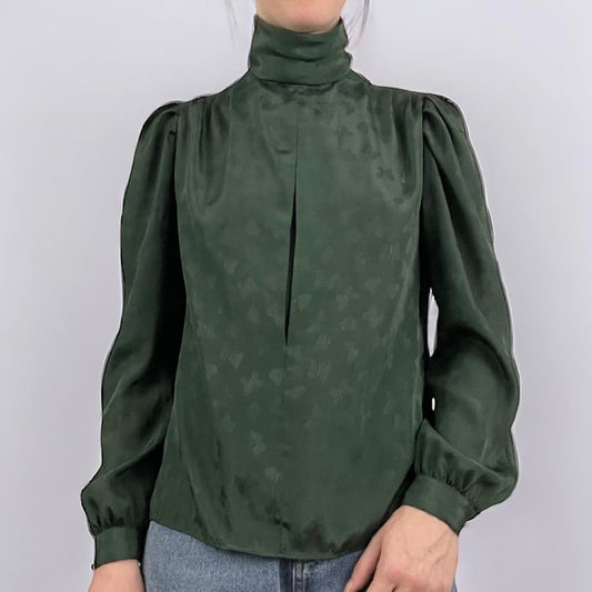 Silky Dark Green Butterfly Print Long Sleeve Blouse