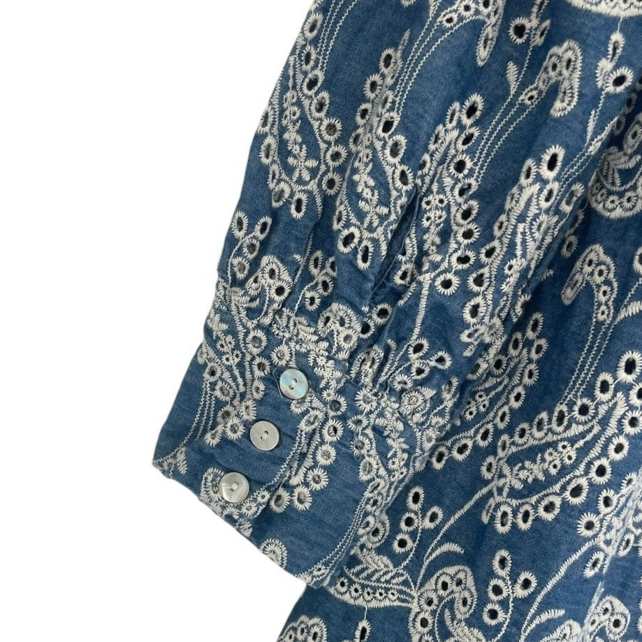 Zara Blue Boho Eyelet Embroidered Button Down Tunic Blouse