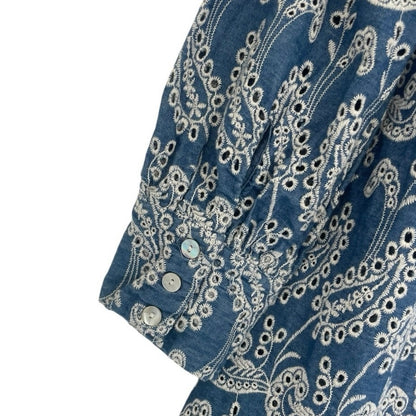 Zara Blue Boho Eyelet Embroidered Button Down Tunic Blouse