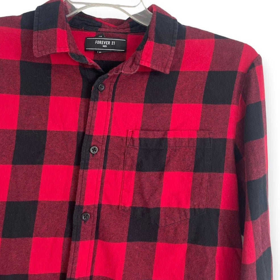 Forever 21 Mens Red and Black Plaid Long Sleeve Button Down Shirt