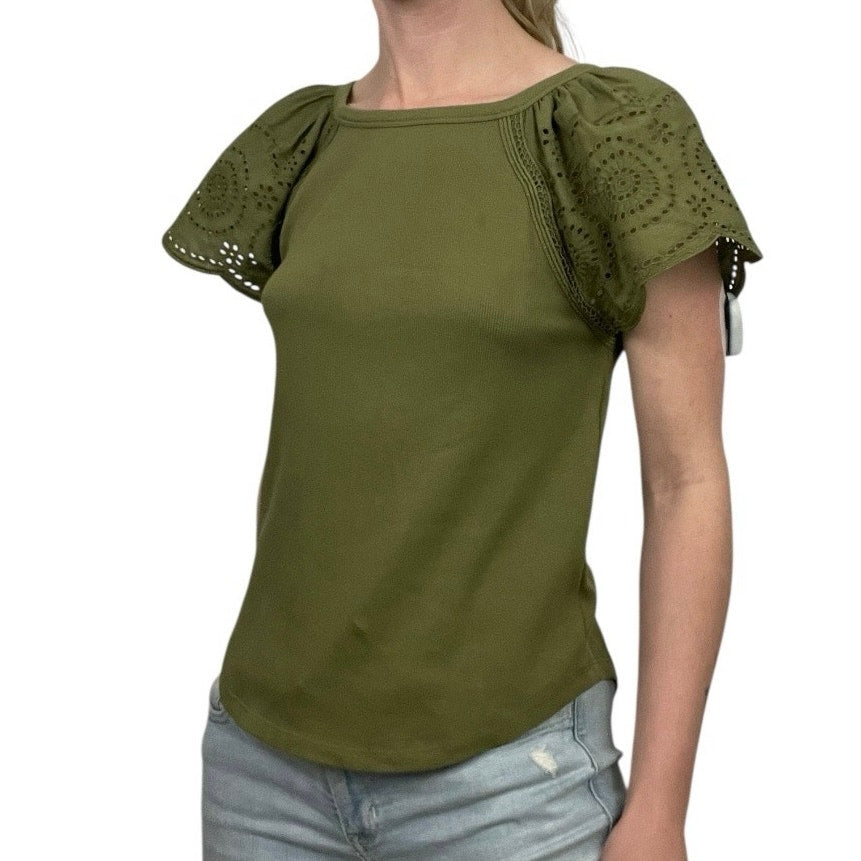 LOFT Olive Green Short Eyelet Puff Sleeve Ribbed Blouse