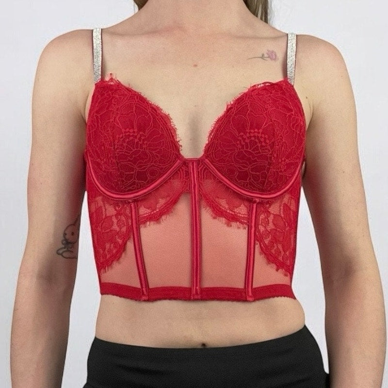 Red Lace Rhinestone Strap Padded Cropped Corset Tank Top