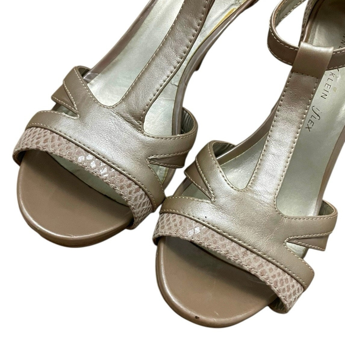 AK Anne Klein Beige Strappy Open Toe Faux Leather Stiletto Heels