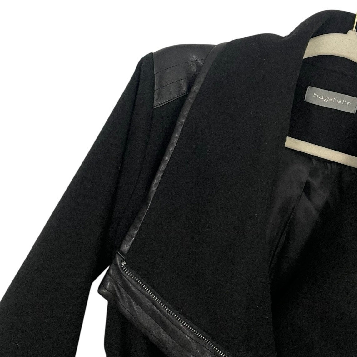 Bagatelle Black Faux Leather Trim Belted Moto Wrap Coat