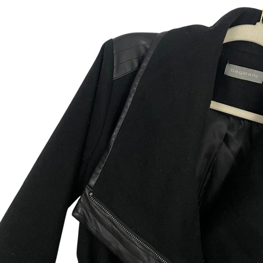 Bagatelle Black Faux Leather Trim Belted Moto Wrap Coat