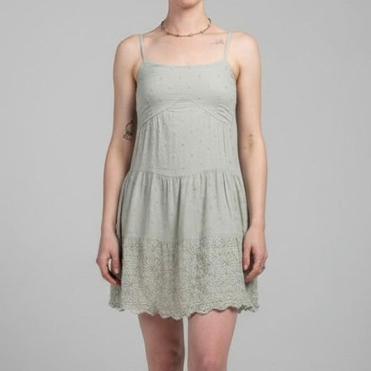 Jessica Simpson Light Green Boho Embroidered Tiered Mini Dress