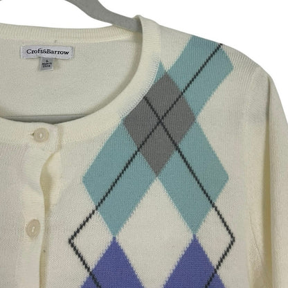 Croft & Barrow Cream and Blue Argyle Button Down Sweater