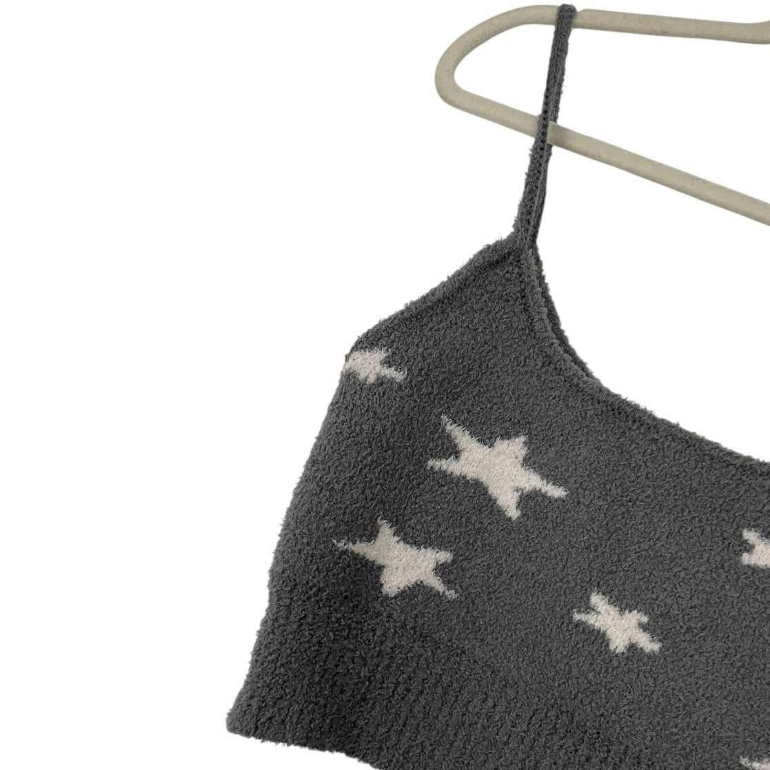 Nue Garage Fuzzy Grey & White Star Print Cropped Knit Tank Top