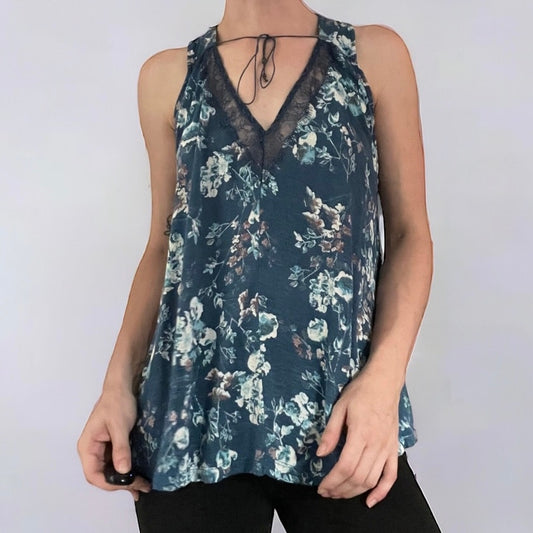 Lucky Brand Blue Boho Floral Lace Trim Tank Top Blouse