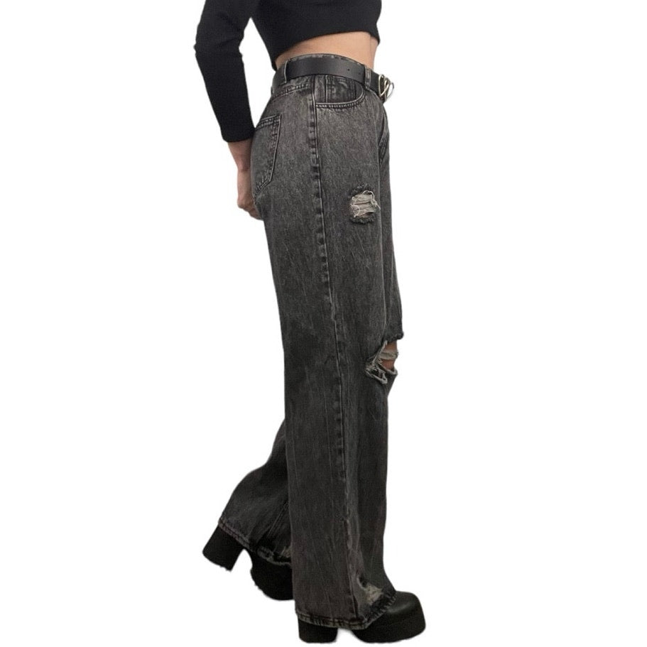 SHEIN Distressed Black Wide Leg High Rise Denim Jeans