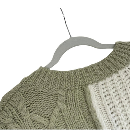 Zara Green & White Color Block Chunky Knit V-Neck Sweater