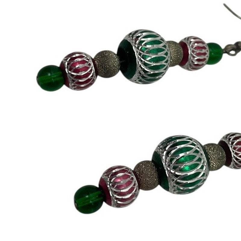 Vintage Red & Green Christmas Ornament Beaded Earrings