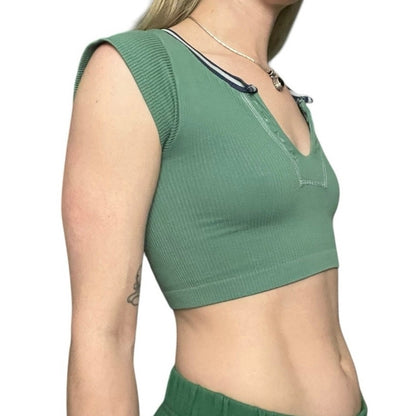 Out From Under Green Ribbed Cropped Short Sleeve V-Neck Top