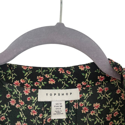 Topshop Black & Pink Floral Print Long Puff Sleeve Button Down Mini Dress