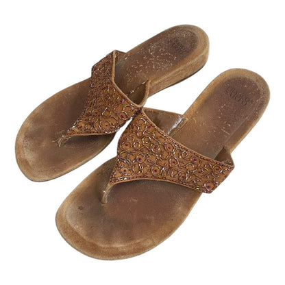Franco Sarto Nehru Brown Suede Leather Bead Embellished Flip Flip Sandals