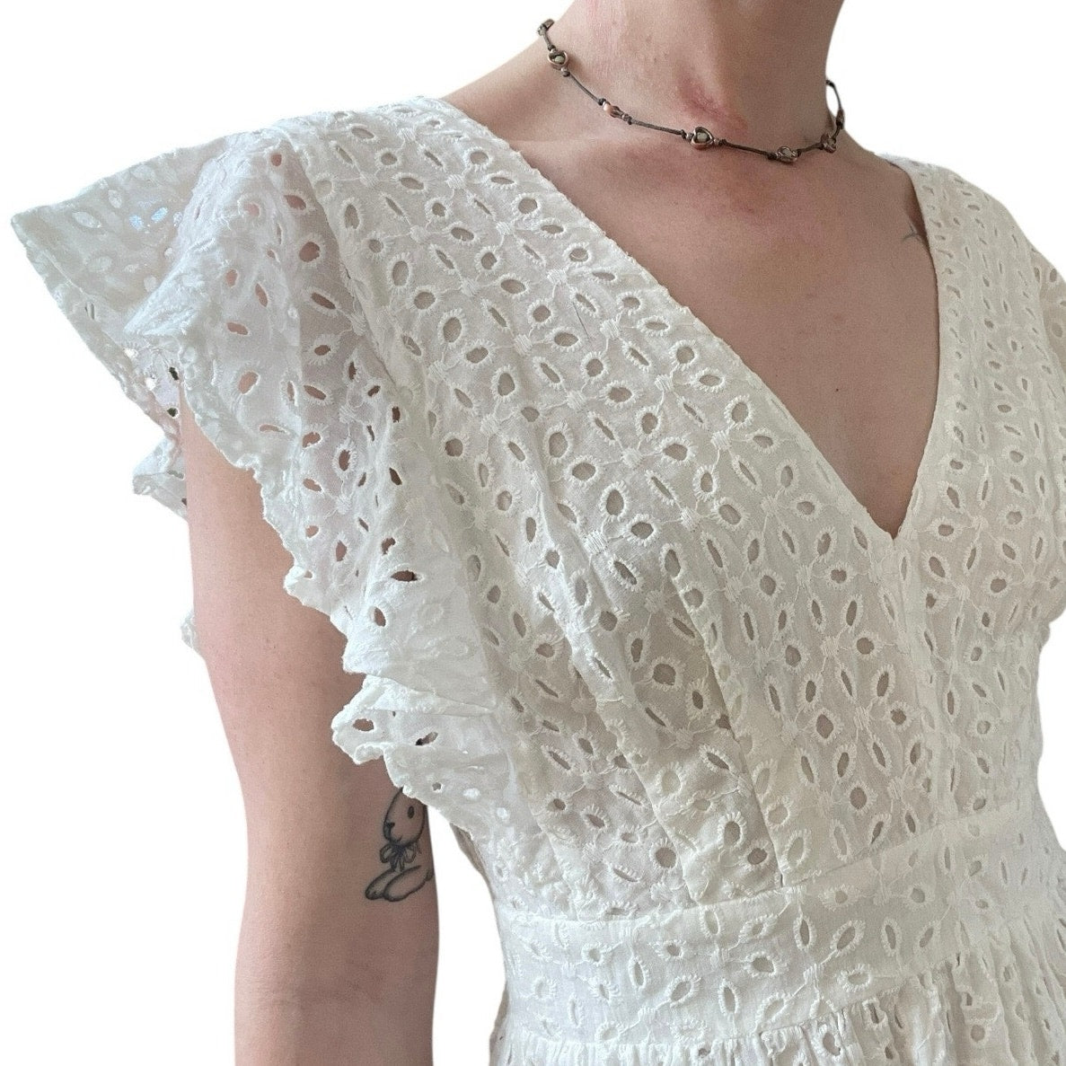Aqua White Eyelet Lace Embroidered V-Neck A-Line Mini Dress